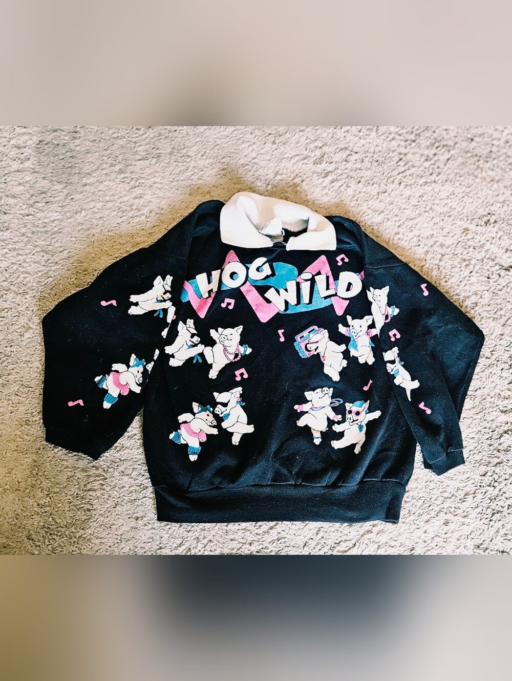 Vintage 80s/90s Spumoni by Rose Cage "Hog Wild" Pig Graphic Collared Sweatshirt